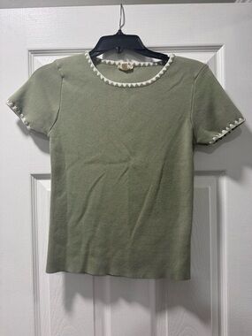 Hem & Thread Sage Green Short Sleeve Knit Top with White Trim